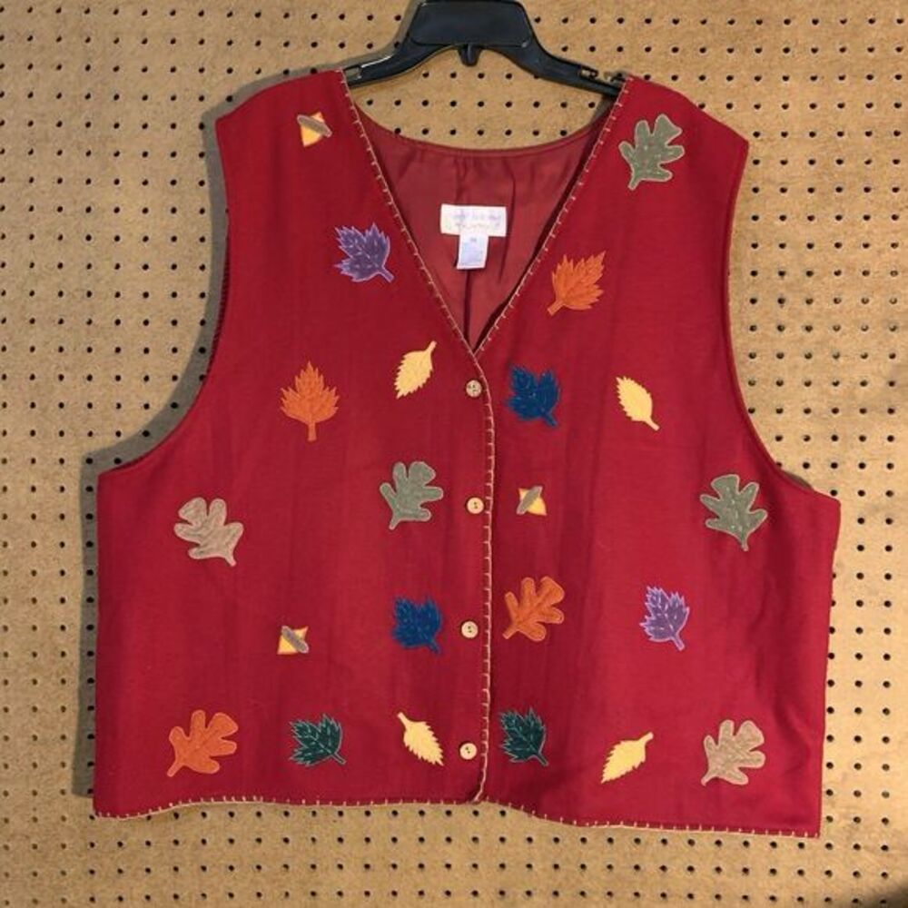 Casey Coleman Vest Red Wool Leaf Leaves Autumn Fall Vintage 90s Mom Plus Size 3X